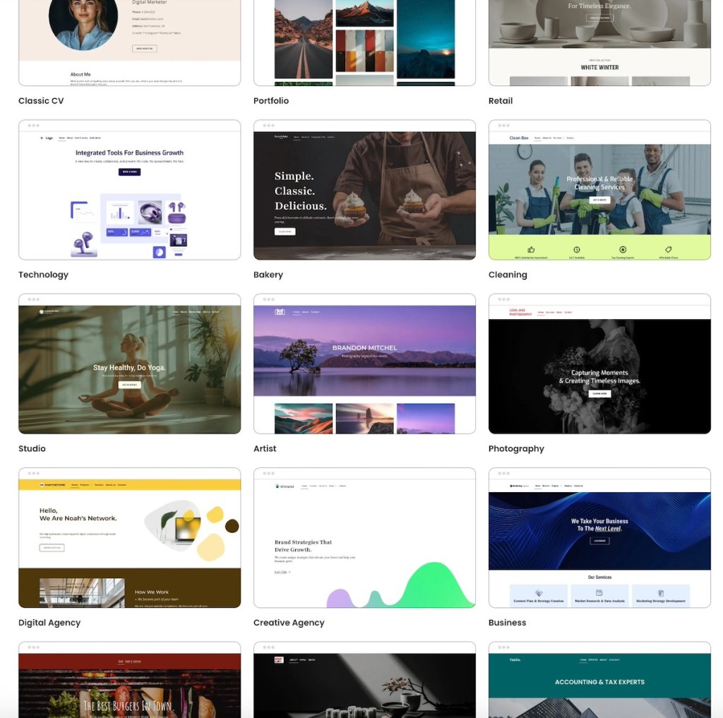 examples of customizable templates available from a website builder