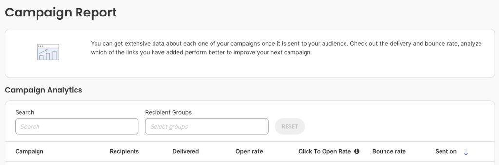 Screenshot of campaign report section showing search filters, recipient group selector, and analytics table with columns for campaign name, recipients, delivered count, open rate, click-to-open rate, bounce rate, and sent date