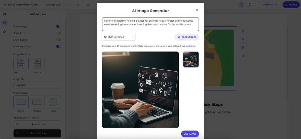 Screenshot of SiteGround's Email Marketing AI Image Generator modal window, displaying a generated image of hands typing on a laptop with floating email marketing icons and a coffee cup, with text prompt field and regenerate option visible