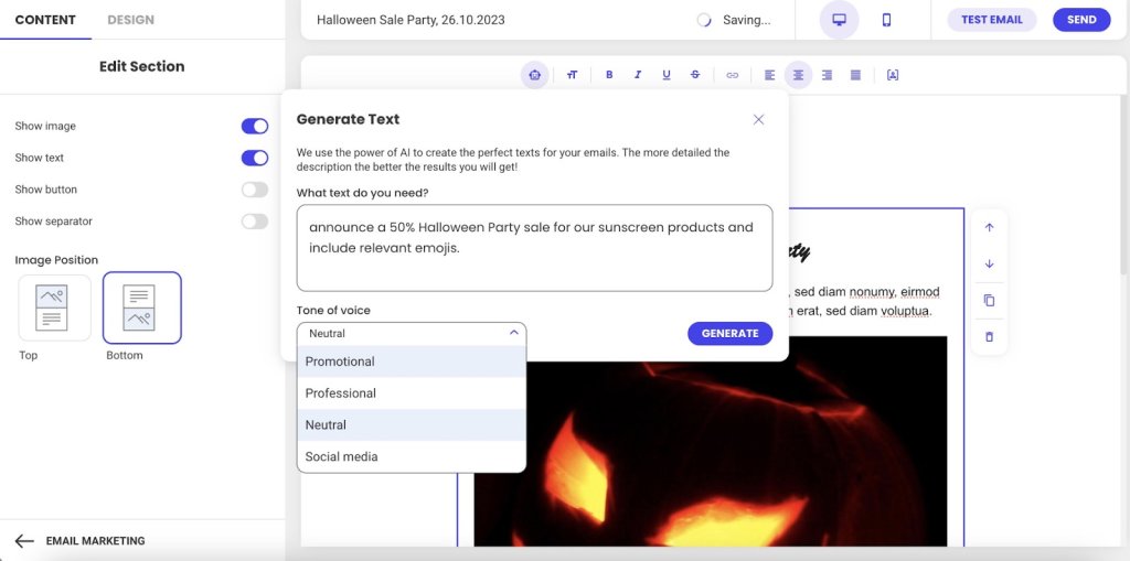 Screenshot of SiteGround's Email Marketing AI text generation interface showing a prompt input for a Halloween sale announcement, tone of voice dropdown menu with options including Promotional, Professional, Neutral, and Social media, and a generate button