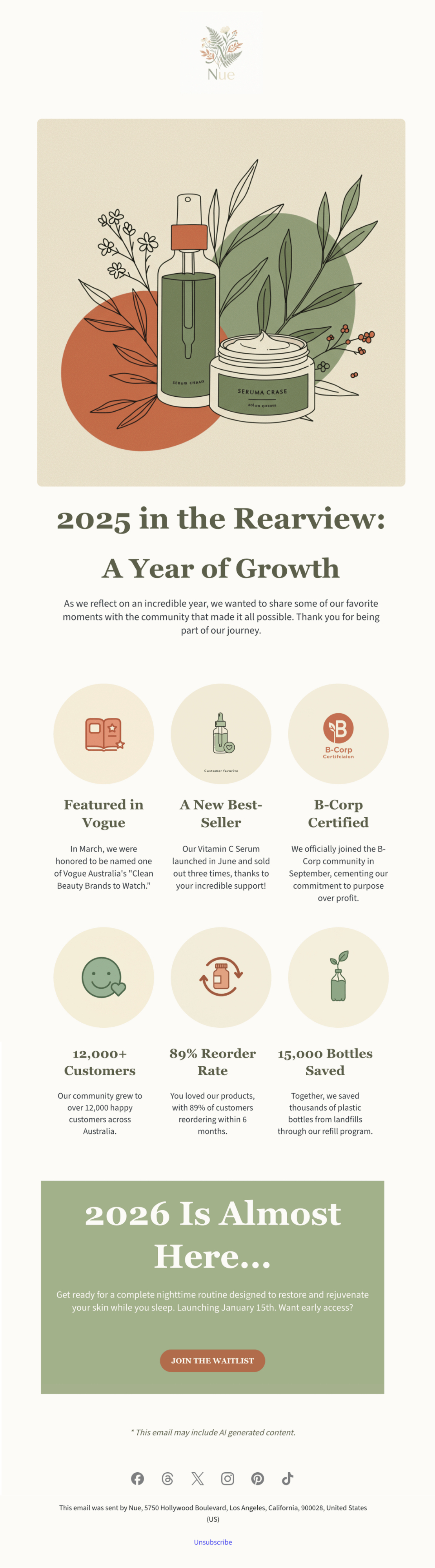 year in review email template featuring a small business celebrating annual milestones