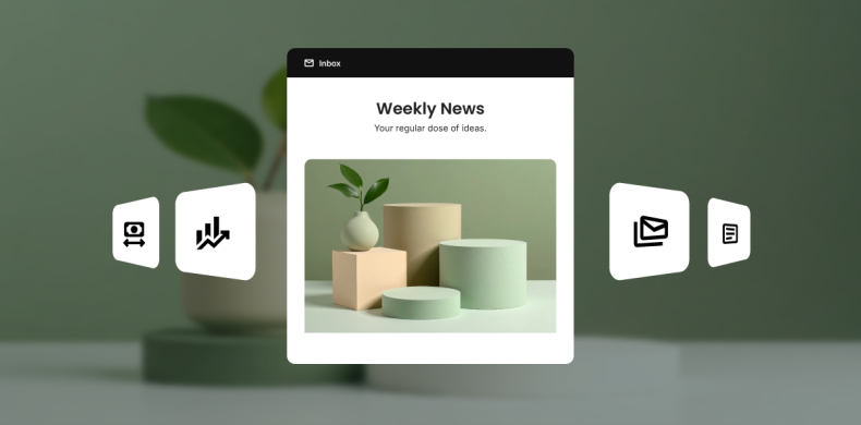 Professional email newsletter design that drives email marketing return on investment (ROI). Mobile inbox view shows "Weekly News" newsletter with heading "Your regular dose of ideas" and featured image of pastel geometric shapes - mint green and beige cylinders with small plant. Surrounding icons represent analytics and tracking capabilities for measuring ROI.
