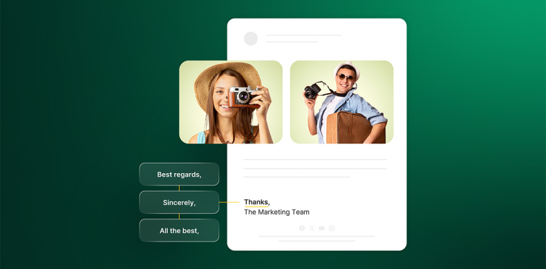 Split screen showing email closing signatures - left side displays three professional sign-off options (Best regards, Sincerely, All the best) and right side shows a complete email signature with team photos reading "Thanks, The Marketing Team"
