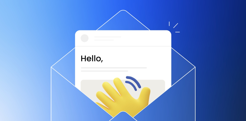 Illustration of an email message window displaying "Hello," with a yellow waving hand emoji against a blue envelope background