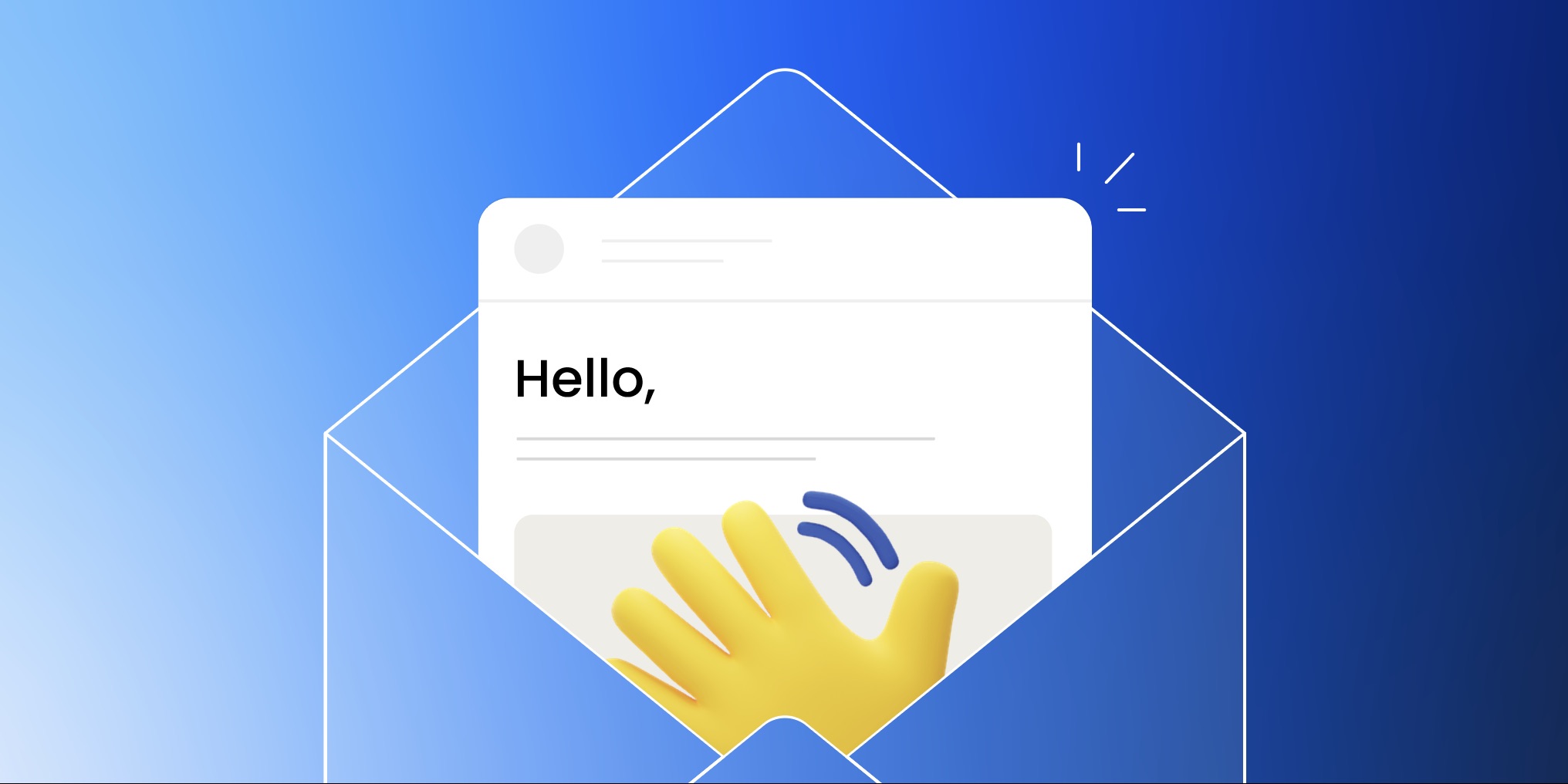 Illustration of an email message window displaying "Hello," with a yellow waving hand emoji against a blue envelope background