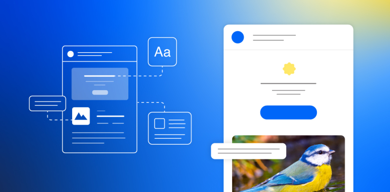 Diagram illustrating email accessibility best practices, including adjustable text size controls, proper image descriptions, and clear button design alongside a colorful bird photo demonstrating descriptive alt text implementation