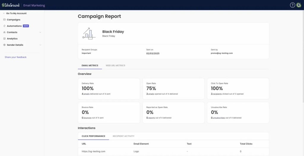 Email marketing return on investment (ROI) tracking dashboard showing Black Friday campaign performance: 100% delivery rate, 75% open rate, 100% click-to-open rate, with zero bounces, spam reports, and unsubscribes. Click performance data helps measure campaign ROI.