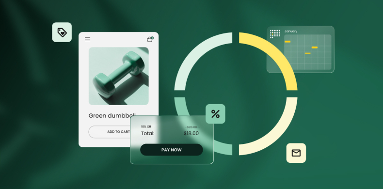 Ecommerce interface showing a green dumbbell product card with add to cart button, overlaid by a checkout popup displaying a 10% discount reducing the price from $20 to $18, surrounded by icons for pricing, analytics chart, calendar, and email marketing
