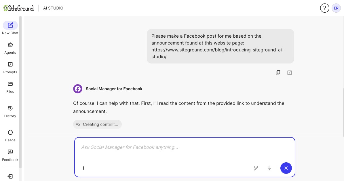 An AI prompt for the SiteGround AI Studio Social Media for Facebook in order to create a Facebook post