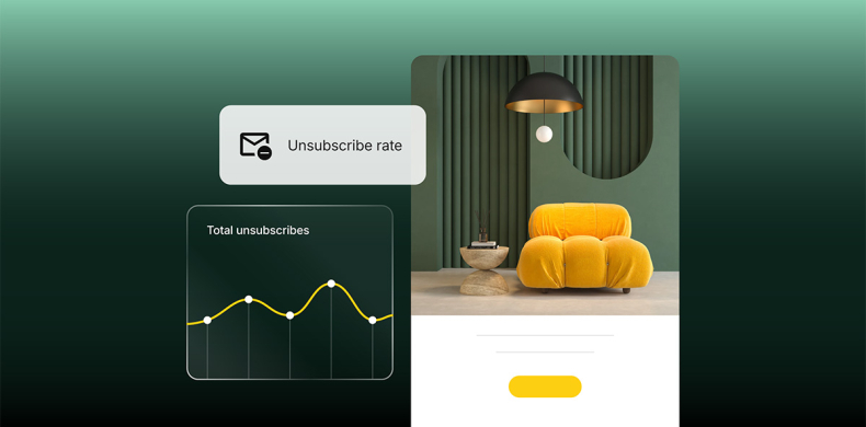 Dashboard showing email unsubscribe rate metrics with a total unsubscribes graph, alongside a preview of a furniture brand email campaign.