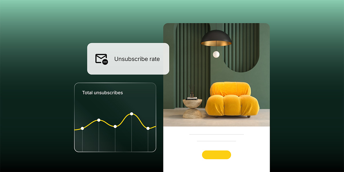 Dashboard showing email unsubscribe rate metrics with a total unsubscribes graph, alongside a preview of a furniture brand email campaign.