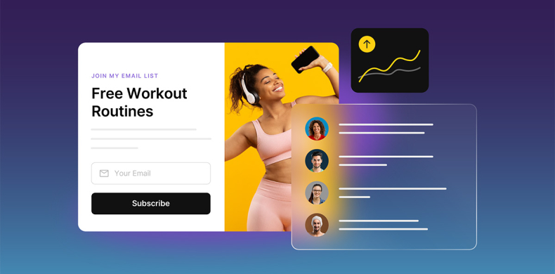 A signup form offering free workout routines as a lead magnet, with a subscriber list visible in the background