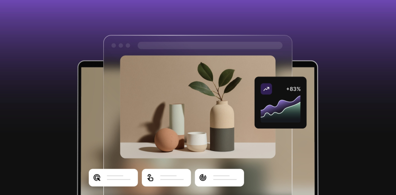 A product page displaying ceramic vases and decorative objects with a browser overlay and a growth chart showing +83% increase in email click-through rate