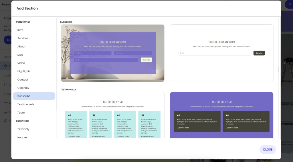 A website builder interface showing subscribe and testimonials section templates for collecting email signups