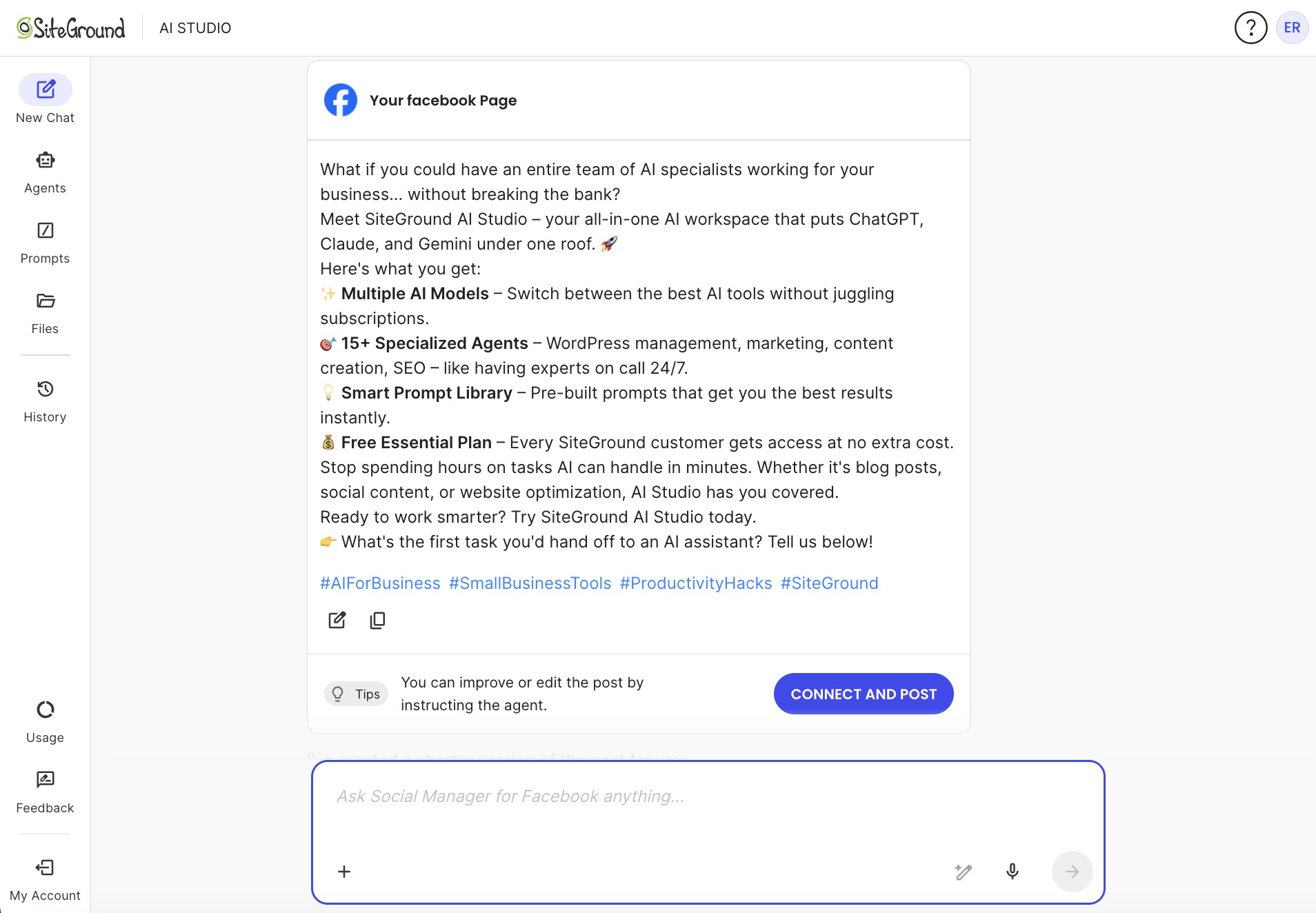 SiteGround Social Media Manager for Facebook AI Agent response with a full social media post