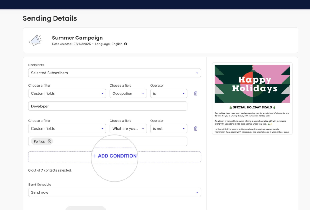 Email campaign sending details screen showing subscriber filters by occupation and interest to target selected contacts