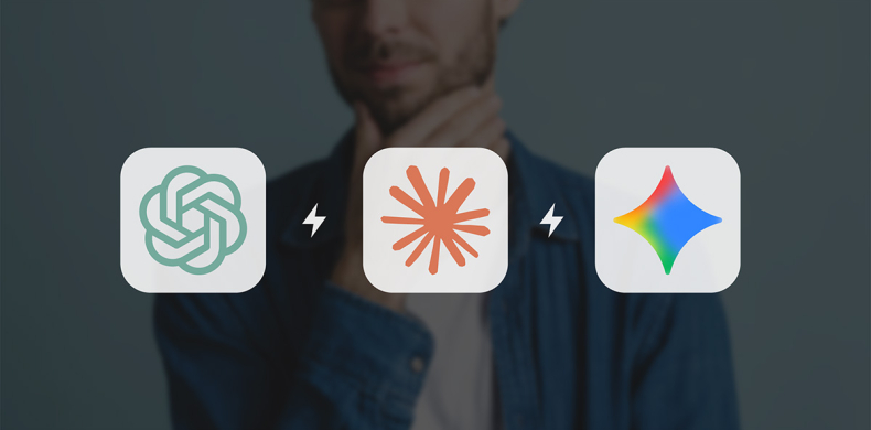 A man in a blue shirt is shown in a thoughtful pose, resting his hand on his chin against a blurred background. In the foreground, three prominent AI logos are displayed in a horizontal row, separated by small lightning bolt icons: the green ChatGPT logo on the left, the orange Claude logo in the center, and the colorful Gemini star logo on the right.