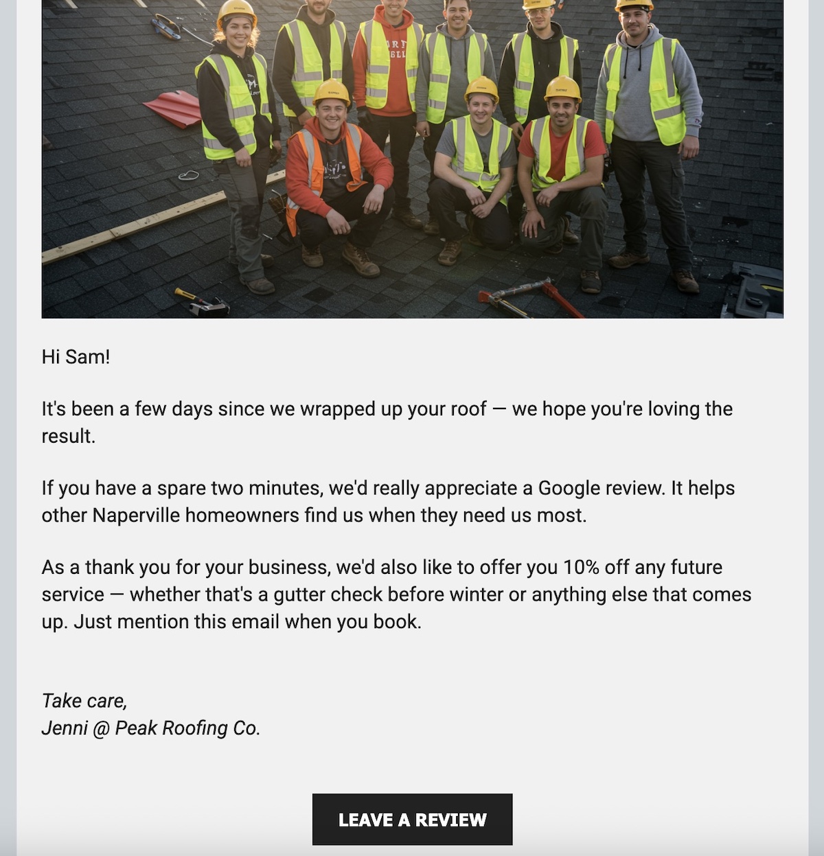 Example email of following up with a customer to get reviews and build local presence