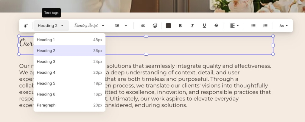 Example demonstrating how to change the header tags in a website builder