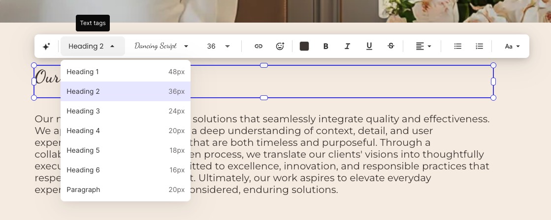 Example demonstrating how to change the header tags in a website builder