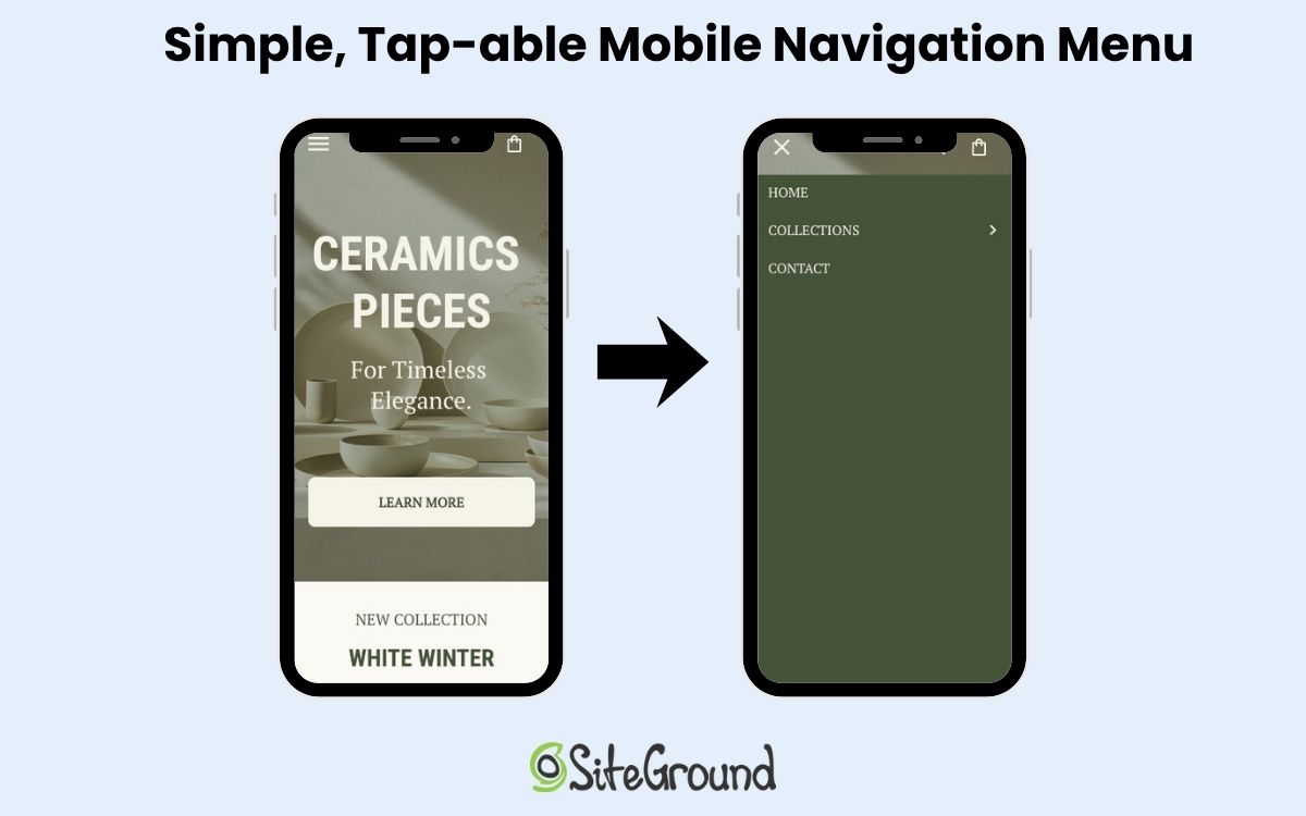 Example of a mobile web design with a simple and tap-able navigation menu