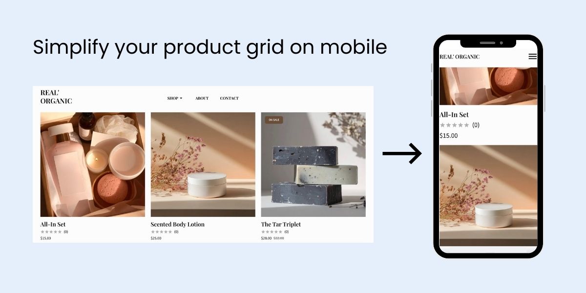 Example of ecommerce web design product grid simplified for mobile