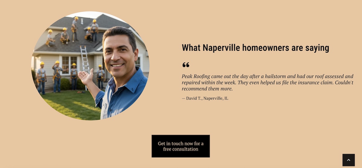 Example of including a trust signal such as a customer review on a local service page