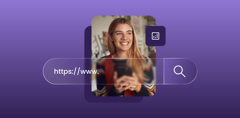 Smiling woman holding a smartphone, overlaid with a browser search bar showing "https://www." and an analytics icon, on a purple background