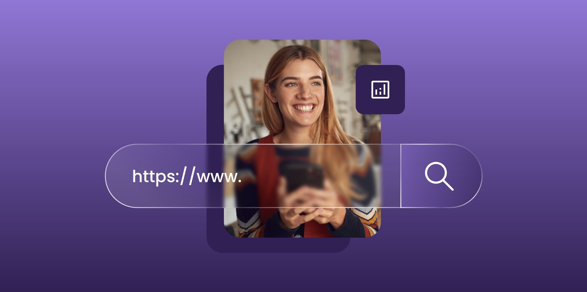 Smiling woman holding a smartphone, overlaid with a browser search bar showing "https://www." and an analytics icon, on a purple background