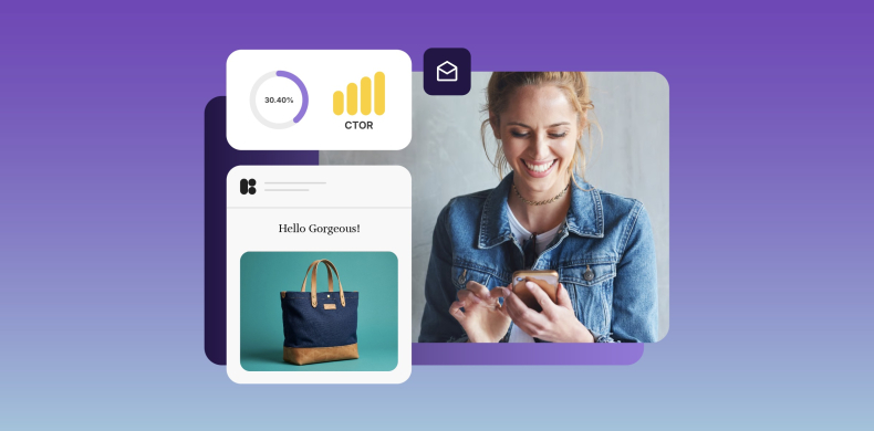 A woman smiling at her phone next to an email campaign dashboard showing a 30.40% click rate and 94% open rate, with a promotional email featuring a tote bag.