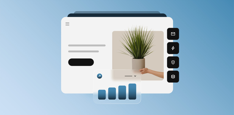 Header illustration showing a stylized website editor interface with a product image being uploaded, a hand placing a plant photo into the page layout, floating icons representing email, performance optimization, security, and database services, and an analytics chart overlay indicating website growth and performance monitoring.