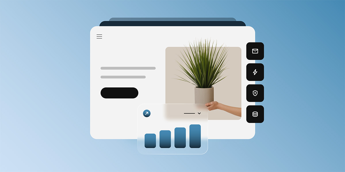Header illustration showing a stylized website editor interface with a product image being uploaded, a hand placing a plant photo into the page layout, floating icons representing email, performance optimization, security, and database services, and an analytics chart overlay indicating website growth and performance monitoring.