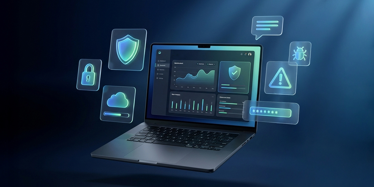 Hero image of a laptop displaying a website dashboard with performance and security metrics, surrounded by floating icons representing cloud backups, data protection, alerts, bug detection, and password security.