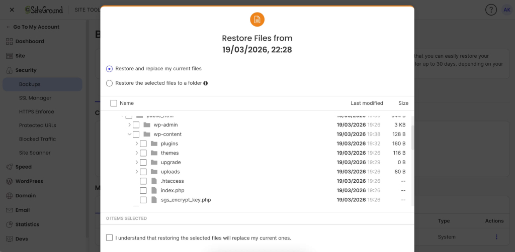 Restore interface showing file selection options, including replacing current files or restoring selected files to a folder.