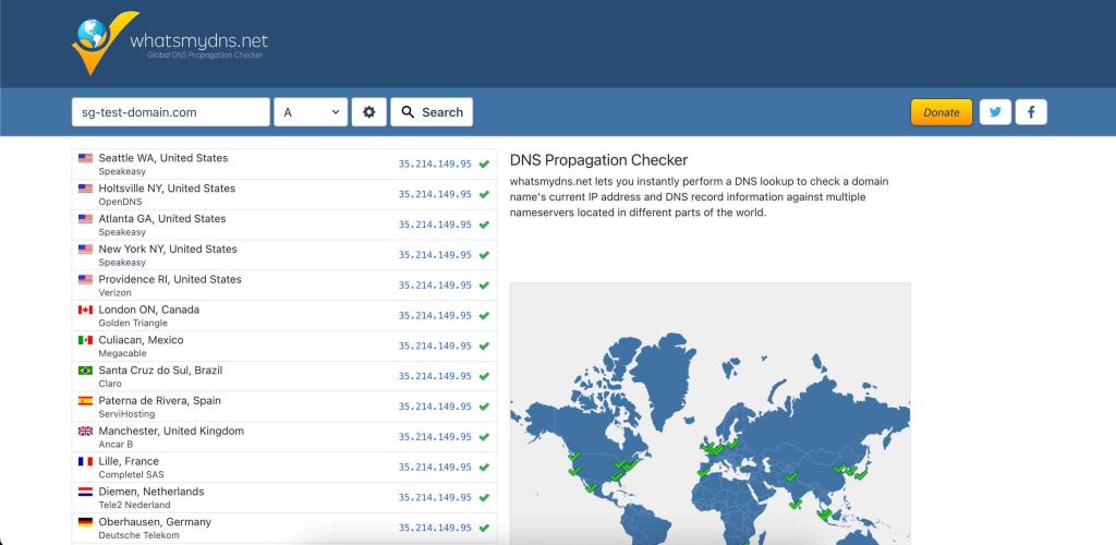 Screenshot of the whatsmydns.net DNS propagation checker showing an A record lookup for a test domain, with multiple global locations (United States, Canada, Europe, and others) resolving to the same IP address and green check marks indicating successful DNS propagation, alongside a world map highlighting the responding DNS servers.