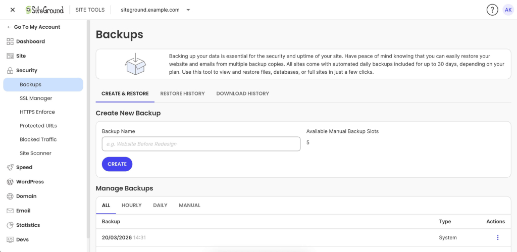 SiteGround Site Tools Backups page showing options to create a new backup and manage existing backups with restore actions.
