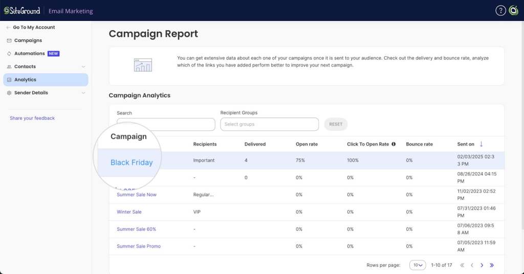 SiteGround Email Marketing Campaign Report showing open rate, click-to-open rate, and bounce rate for multiple campaigns