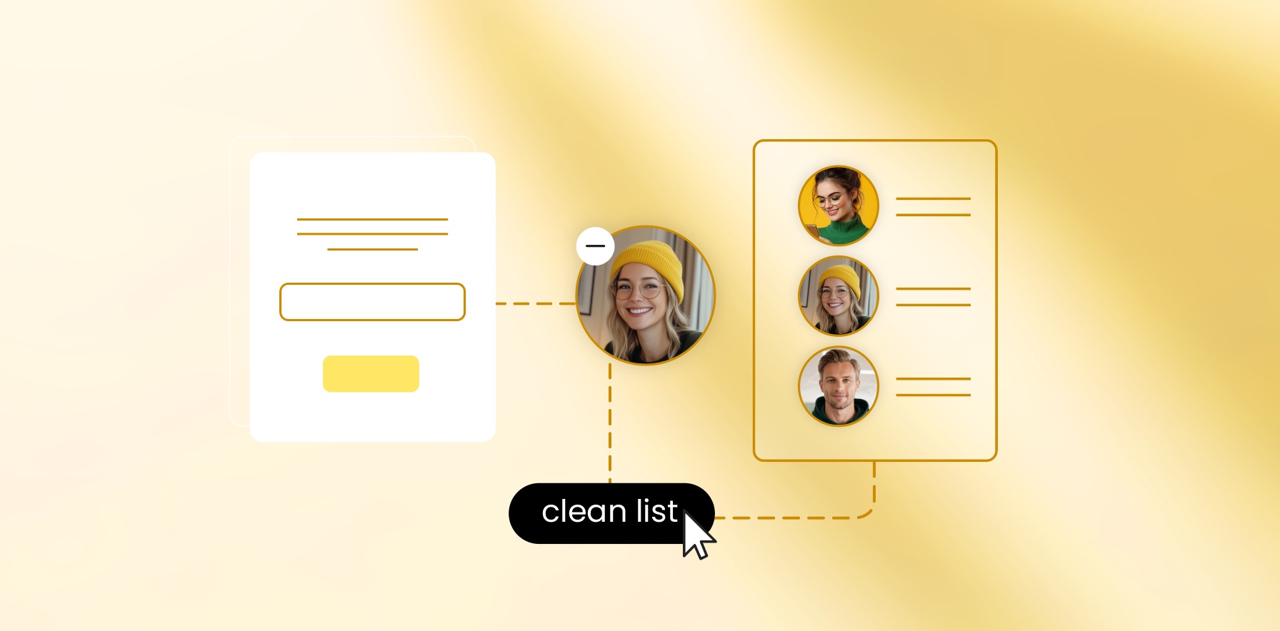 Illustration showing a contact moving from an email form to a cleaned subscriber list