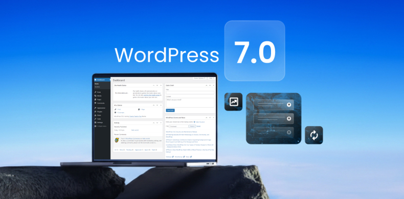 A promotional graphic for "WordPress 7.0" featuring a laptop displaying the WordPress dashboard against a blue sky background, with floating UI icons and an update symbol.