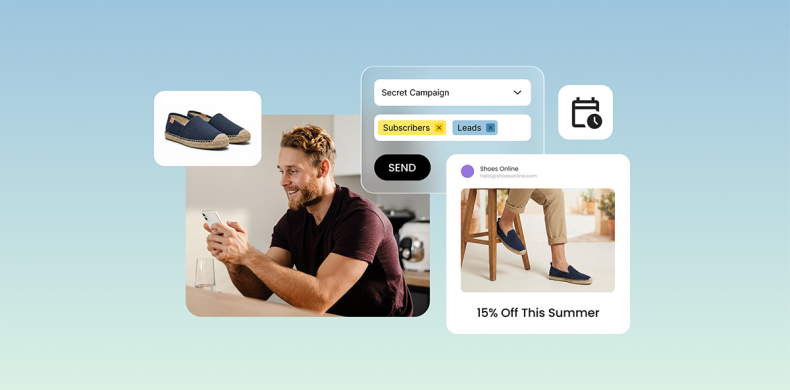 SiteGround Email Marketing dashboard showing a campaign being sent to subscribers and leads, with a promotional email preview displaying a 15% summer discount for a shoe store.