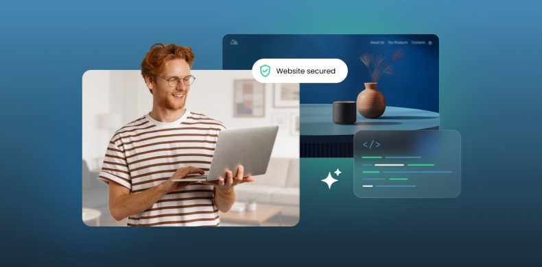 Man using a laptop beside a website preview, a “Website secured” badge, and a code panel.