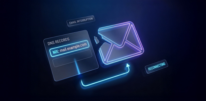 Illustration of email reconnecting to its DNS MX record after a DNS change, with an interrupted envelope being restored