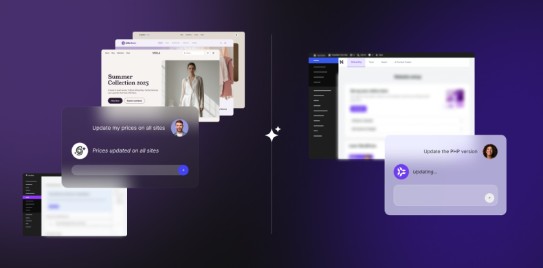 Comparison graphic showing AI agent prompts for updating e-commerce prices across multiple sites on the left and updating the PHP version on the right.
