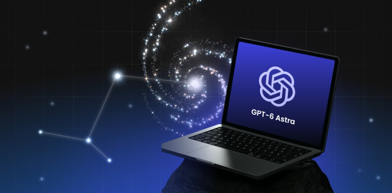 Promotional graphic featuring an open laptop displaying "GPT-6 Astra" and the OpenAI logo resting on a rock, set against a dark cosmic background with a spiral galaxy and a constellation line.