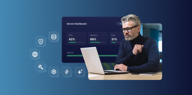 Man using a laptop in front of a server dashboard with website security, database, performance, and configuration icons