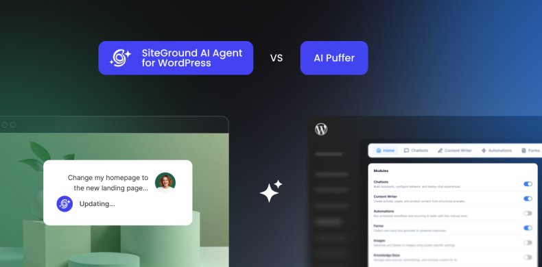 A visual comparison graphic contrasting the SiteGround AI Agent for WordPress interface with the AI Puffer module dashboard.