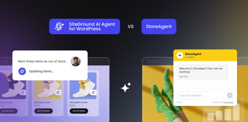 A comparison graphic between SiteGround AI Agent for WordPress and StoreAgent, showing interface examples for both e-commerce AI tools.