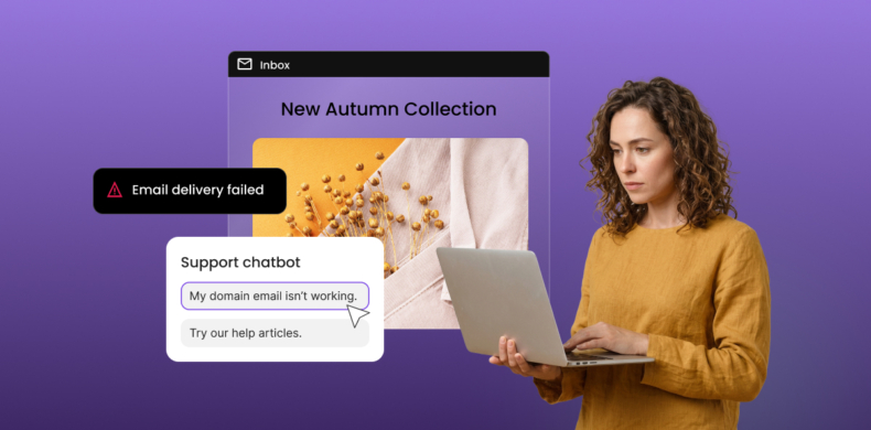Woman frowning at her laptop beside an “Email delivery failed” alert and a support chatbot replying “Try our help articles” to the message “My domain email isn’t working.”