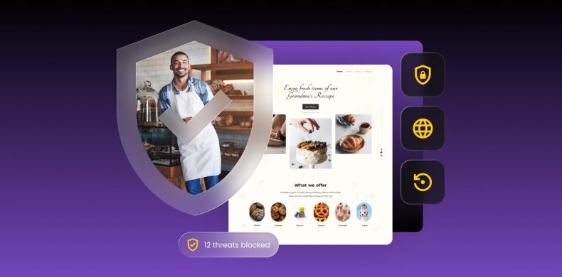 Smiling bakery owner inside a security shield next to his bakery website, with icons for SSL, global protection, and backups.