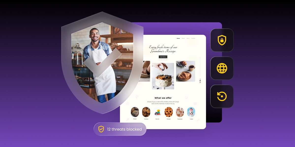 Smiling bakery owner inside a security shield next to his bakery website, with icons for SSL, global protection, and backups.